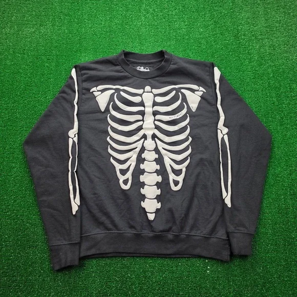 Six Flags Skeleton Sweatshirt Mens Medium Black Fright Fest Halloween Rib Cage - Picture 1 of 9